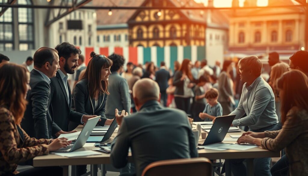 A vibrant scene showcasing the impact of non-profit organizations (NPOs) in Germany. In the foreground, a diverse group of individuals, dressed in professional business attire, engaging in animated discussions around a table filled with documents and laptops, symbolizing collaboration. In the middle ground, a community event is visible, with families and children participating in activities, highlighting social outreach and support. The background features iconic German architecture, such as historic buildings or modern structures, to represent the cultural context. The image is shot with a Sony A7R IV at 70mm, ensuring sharp focus and clarity, with a polarized filter enhancing color vibrancy. The atmosphere is lively and inspirational, capturing the essence of community, cooperation, and positive change brought by NPOs. A vibrant scene showcasing the impact of non-profit organizations (NPOs) in Germany. In the foreground, a diverse group of individuals, dressed in professional business attire, engaging in animated discussions around a table filled with documents and laptops, symbolizing collaboration. In the middle ground, a community event is visible, with families and children participating in activities, highlighting social outreach and support. The background features iconic German architecture, such as historic buildings or modern structures, to represent the cultural context. The image is shot with a Sony A7R IV at 70mm, ensuring sharp focus and clarity, with a polarized filter enhancing color vibrancy. The atmosphere is lively and inspirational, capturing the essence of community, cooperation, and positive change brought by NPOs.