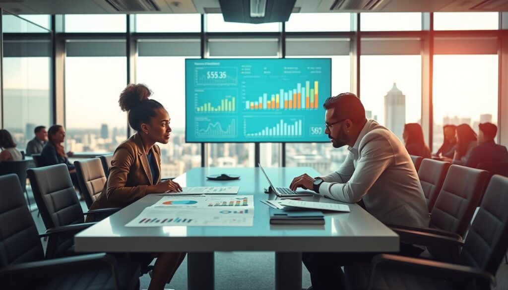 A visual representation of current trends in venture capital, featuring a stylish, modern conference room filled with diverse professionals engaged in discussion. In the foreground, a well-dressed Black woman and a Hispanic man examine financial charts and innovative startup ideas on a sleek table. The middle ground showcases a large digital screen displaying dynamic graphs and statistics related to investment trends. The background reveals a large window with a view of a contemporary city skyline under soft daylight, creating a bright and optimistic atmosphere. The image should be shot with a Sony A7R IV at 70mm, clearly focused and sharply defined, utilizing a polarized filter to enhance colors and clarity, conveying a sense of professionalism and collaboration. A visual representation of current trends in venture capital, featuring a stylish, modern conference room filled with diverse professionals engaged in discussion. In the foreground, a well-dressed Black woman and a Hispanic man examine financial charts and innovative startup ideas on a sleek table. The middle ground showcases a large digital screen displaying dynamic graphs and statistics related to investment trends. The background reveals a large window with a view of a contemporary city skyline under soft daylight, creating a bright and optimistic atmosphere. The image should be shot with a Sony A7R IV at 70mm, clearly focused and sharply defined, utilizing a polarized filter to enhance colors and clarity, conveying a sense of professionalism and collaboration.