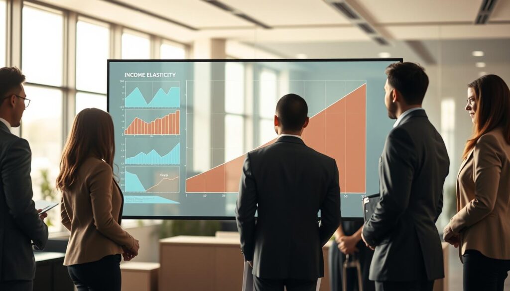 A visually engaging and informative graphic illustrating the concept of income elasticity and demand related to inferior goods. In the foreground, a diverse group of professionals, dressed in business attire, stands around a large digital touchscreen displaying graphs and charts representing income elasticity metrics. In the middle ground, a clear line graph curves upward, symbolizing the relationship between income changes and demand for inferior goods, with visual emphasis on the steepness indicating elasticity. The background features a modern office setting with soft, diffused lighting cascading through large windows, creating a professional atmosphere. The image should capture an analytical mood, encouraging understanding of economic concepts. Shot on a Sony A7R IV at 70mm, the image should be sharply defined and clearly focused with a polarized filter to enhance clarity and vibrancy. A visually engaging and informative graphic illustrating the concept of income elasticity and demand related to inferior goods. In the foreground, a diverse group of professionals, dressed in business attire, stands around a large digital touchscreen displaying graphs and charts representing income elasticity metrics. In the middle ground, a clear line graph curves upward, symbolizing the relationship between income changes and demand for inferior goods, with visual emphasis on the steepness indicating elasticity. The background features a modern office setting with soft, diffused lighting cascading through large windows, creating a professional atmosphere. The image should capture an analytical mood, encouraging understanding of economic concepts. Shot on a Sony A7R IV at 70mm, the image should be sharply defined and clearly focused with a polarized filter to enhance clarity and vibrancy.