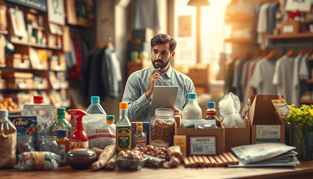 A visually engaging illustration showcasing the concept of inferior goods. In the foreground, a diverse arrangement of everyday products like low-cost groceries, generic brand items, and simple clothing, all displayed on a wooden table. In the middle, a thoughtful individual (in professional attire) observes these goods, representing curiosity and analysis, with a notepad in hand. The background features a blurred marketplace setting, enhancing the sense of context. Natural light streams through a nearby window, casting soft shadows and creating a warm atmosphere. The image should be sharply defined, resembling a shot taken with a Sony A7R IV at 70mm with a polarized filter, emphasizing clarity and depth, evoking a serious yet inviting mood. A visually engaging illustration showcasing the concept of inferior goods. In the foreground, a diverse arrangement of everyday products like low-cost groceries, generic brand items, and simple clothing, all displayed on a wooden table. In the middle, a thoughtful individual (in professional attire) observes these goods, representing curiosity and analysis, with a notepad in hand. The background features a blurred marketplace setting, enhancing the sense of context. Natural light streams through a nearby window, casting soft shadows and creating a warm atmosphere. The image should be sharply defined, resembling a shot taken with a Sony A7R IV at 70mm with a polarized filter, emphasizing clarity and depth, evoking a serious yet inviting mood.
