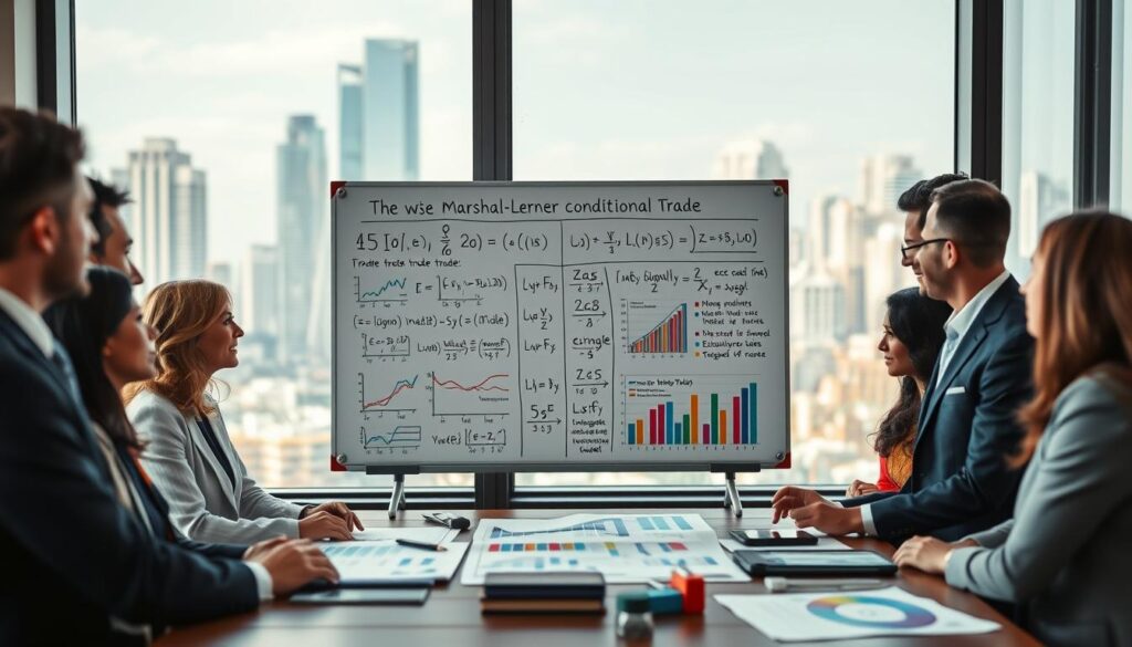A visually striking image representing the empirical analysis of the Marshall-Lerner condition in international trade. In the foreground, a diverse group of professionals in business attire engages in a lively discussion while reviewing charts and graphs on a table, emphasizing collaboration and analysis. The middle layer features a detailed whiteboard filled with mathematical equations and visuals illustrating the Marshall-Lerner condition, surrounded by colorful graphs showing trade trends, exchange rates, and elasticity. In the background, a modern office setting with large windows reveals a bustling cityscape, symbolizing global trade dynamics. The scene is sharply defined, shot with a Sony A7R IV at 70mm with a polarized filter, capturing the bright natural light that enhances the atmosphere of focused research and strategic insight. A visually striking image representing the empirical analysis of the Marshall-Lerner condition in international trade. In the foreground, a diverse group of professionals in business attire engages in a lively discussion while reviewing charts and graphs on a table, emphasizing collaboration and analysis. The middle layer features a detailed whiteboard filled with mathematical equations and visuals illustrating the Marshall-Lerner condition, surrounded by colorful graphs showing trade trends, exchange rates, and elasticity. In the background, a modern office setting with large windows reveals a bustling cityscape, symbolizing global trade dynamics. The scene is sharply defined, shot with a Sony A7R IV at 70mm with a polarized filter, capturing the bright natural light that enhances the atmosphere of focused research and strategic insight.
