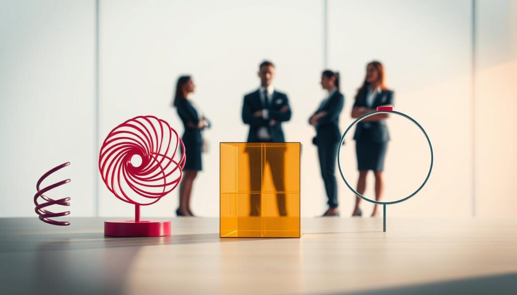 A visually striking representation of "Hauptformen der Ambidextrie," featuring three symbolic forms of organizational ambidexterity in a professional setting. In the foreground, depict three distinct, beautifully crafted geometric shapes: one representing innovation (a vibrant, dynamic spiral), one for efficiency (a sleek, angular cube), and the third as balance (a harmonious circular structure). In the middle ground, include silhouettes of business professionals in smart attire, thoughtfully observing and engaging with these forms, suggesting collaboration and strategy. The background should be a soft gradient of corporate colors, bringing a sense of depth. Shot with a Sony A7R IV at 70mm, the composition is sharply focused under natural light, enhanced with a polarized filter to create vivid colors and clear contrasts, imparting a positive and forward-thinking atmosphere.