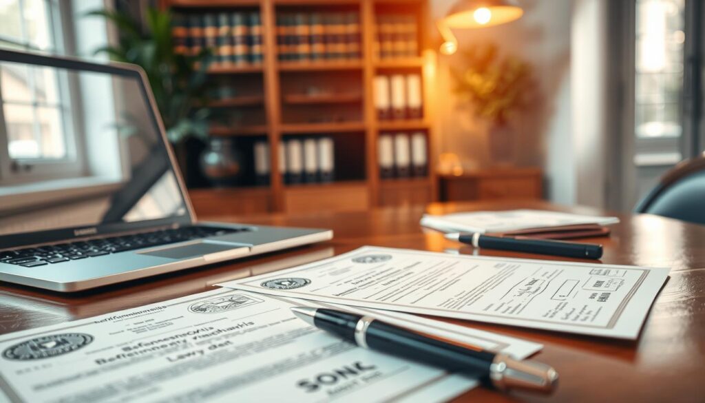 Beförderungsnachweis and Versendungsnachweis documents elegantly displayed on a polished wooden desk, with a sleek modern laptop and a stylish pen beside them. In the foreground, the documents are organized neatly, featuring official stamps and intricate details, conveying their importance. In the middle background, a blurred view of an office environment with shelves containing law books and a potted plant adds a professional touch. Soft, natural light filters through a nearby window, casting a warm glow on the scene, creating a calm and focused atmosphere. The image is sharply defined with a depth of field that highlights the documents. Shot on a Sony A7R IV at 70mm, using a polarized filter to enhance colors and contrast. Beförderungsnachweis and Versendungsnachweis documents elegantly displayed on a polished wooden desk, with a sleek modern laptop and a stylish pen beside them. In the foreground, the documents are organized neatly, featuring official stamps and intricate details, conveying their importance. In the middle background, a blurred view of an office environment with shelves containing law books and a potted plant adds a professional touch. Soft, natural light filters through a nearby window, casting a warm glow on the scene, creating a calm and focused atmosphere. The image is sharply defined with a depth of field that highlights the documents. Shot on a Sony A7R IV at 70mm, using a polarized filter to enhance colors and contrast.