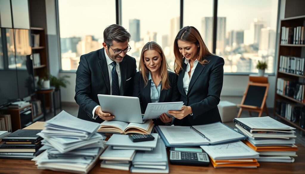 Create an educational image illustrating the concept of "Buchführungspflicht in Deutschland." In the foreground, depict a diverse group of three professionals—two men and one woman—dressed in smart business attire, actively discussing over a large ledger and a laptop, suggesting collaboration in bookkeeping. In the middle ground, show piles of financial documents, calculators, and a small blackboard with subtle equations, emphasizing the analytical nature of accounting. The background should feature a modern office setting with bookshelves filled with financial literature and a window revealing a cityscape bathed in natural light, creating a productive atmosphere. The scene should be shot with a Sony A7R IV at 70mm for a sharply defined, focused look, utilizing a polarized filter to enhance the brightness and clarity of the scene. Create an educational image illustrating the concept of "Buchführungspflicht in Deutschland." In the foreground, depict a diverse group of three professionals—two men and one woman—dressed in smart business attire, actively discussing over a large ledger and a laptop, suggesting collaboration in bookkeeping. In the middle ground, show piles of financial documents, calculators, and a small blackboard with subtle equations, emphasizing the analytical nature of accounting. The background should feature a modern office setting with bookshelves filled with financial literature and a window revealing a cityscape bathed in natural light, creating a productive atmosphere. The scene should be shot with a Sony A7R IV at 70mm for a sharply defined, focused look, utilizing a polarized filter to enhance the brightness and clarity of the scene.