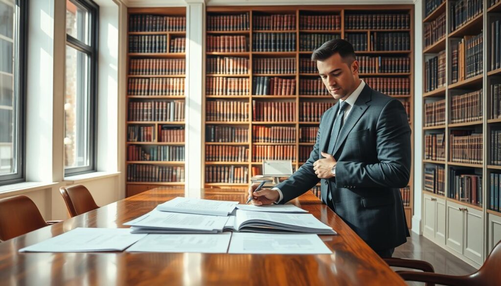 In a bright, modern law office, a poised attorney in a sharp business suit stands confidently by a large window, analyzing a series of documents spread across a polished wooden table. In the background, large bookshelves filled with law books and legal texts create a scholarly atmosphere. The lighting is bright and natural, streaming in from the window, casting soft shadows across the scene. The focus is on the attorney’s intense expression as they hold a pen thoughtfully, symbolizing the rigorous process of evidence presentation and credibility assessment in competition law. The image captures a moment of focused energy and professionalism, shot with a Sony A7R IV at 70mm, ensuring sharp details and a clearly defined composition. In a bright, modern law office, a poised attorney in a sharp business suit stands confidently by a large window, analyzing a series of documents spread across a polished wooden table. In the background, large bookshelves filled with law books and legal texts create a scholarly atmosphere. The lighting is bright and natural, streaming in from the window, casting soft shadows across the scene. The focus is on the attorney’s intense expression as they hold a pen thoughtfully, symbolizing the rigorous process of evidence presentation and credibility assessment in competition law. The image captures a moment of focused energy and professionalism, shot with a Sony A7R IV at 70mm, ensuring sharp details and a clearly defined composition.