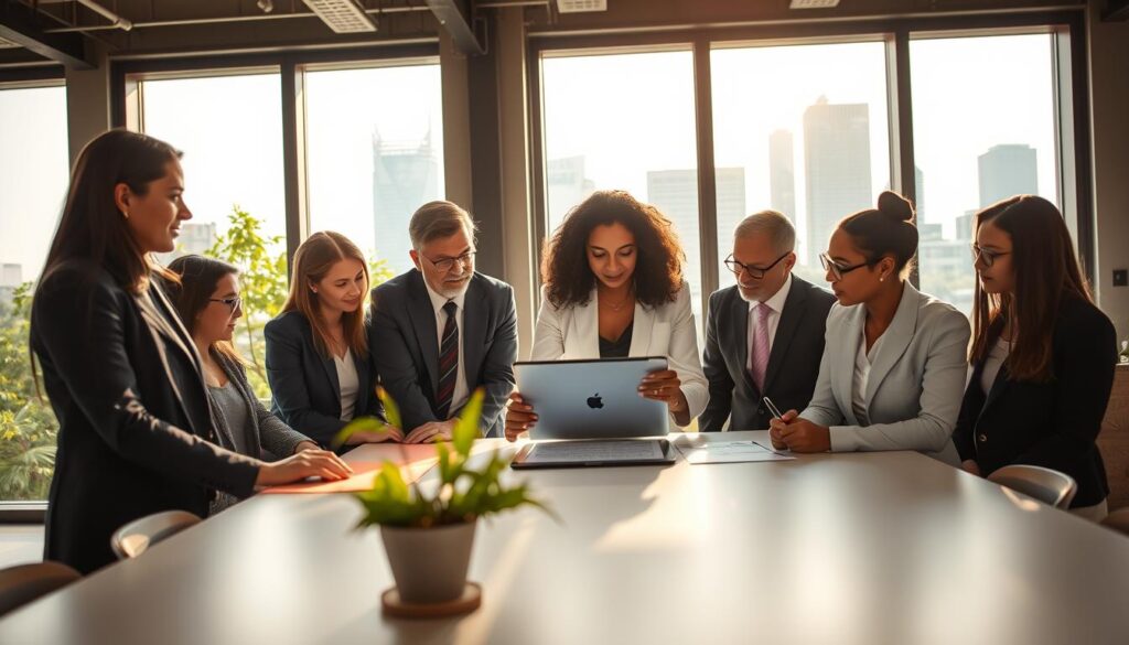 A bright, modern office environment showcasing the theme of "fresh perspectives." In the foreground, a group of diverse professionals in smart business attire collaborates around a large table, analyzing innovative ideas on a digital tablet. In the middle ground, large windows let in natural light, illuminating greenery outside and creating a lively atmosphere. The background features a city skyline, representing opportunities and growth. The image is shot with a Sony A7R IV at 70mm, with sharp focus and clarity, utilizing a polarized filter to enhance brightness and contrast. The overall mood is optimistic and inspiring, highlighting the potential of career changers in a corporate setting. A bright, modern office environment showcasing the theme of "fresh perspectives." In the foreground, a group of diverse professionals in smart business attire collaborates around a large table, analyzing innovative ideas on a digital tablet. In the middle ground, large windows let in natural light, illuminating greenery outside and creating a lively atmosphere. The background features a city skyline, representing opportunities and growth. The image is shot with a Sony A7R IV at 70mm, with sharp focus and clarity, utilizing a polarized filter to enhance brightness and contrast. The overall mood is optimistic and inspiring, highlighting the potential of career changers in a corporate setting.