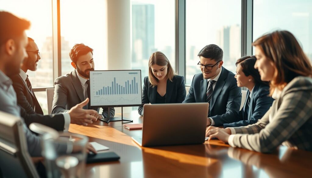 A bustling corporate office environment, featuring a diverse group of professionals deep in discussion around a conference table. In the foreground, a businessman in a sharp suit gestures towards a laptop displaying graphs and financial data, symbolizing internal economic factors. In the middle ground, a woman in business attire analyzes a report, highlighting team collaboration. The background showcases large windows with a city skyline view, emphasizing the external economic context. The scene is bathed in warm, natural light, creating an inviting and focused atmosphere. Shot on a Sony A7R IV at 70mm, the image is clearly focused and sharply defined, with a polarized filter enhancing colors and contrasts, evoking a sense of urgency and professionalism. A bustling corporate office environment, featuring a diverse group of professionals deep in discussion around a conference table. In the foreground, a businessman in a sharp suit gestures towards a laptop displaying graphs and financial data, symbolizing internal economic factors. In the middle ground, a woman in business attire analyzes a report, highlighting team collaboration. The background showcases large windows with a city skyline view, emphasizing the external economic context. The scene is bathed in warm, natural light, creating an inviting and focused atmosphere. Shot on a Sony A7R IV at 70mm, the image is clearly focused and sharply defined, with a polarized filter enhancing colors and contrasts, evoking a sense of urgency and professionalism.
