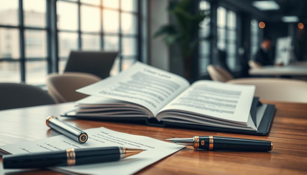 A close-up view of a professional workspace set up to depict the importance of a job application cover letter. In the foreground, a neatly arranged desk featuring an elegant fountain pen beside a pristine notepad, with a polished laptop screen displaying a document titled "Cover Letter" in clear focus. In the middle, an open folder containing various job descriptions and a printed resume. In the background, a soft-focus image of a modern office environment, with a large window letting in natural light, creating a warm atmosphere. Shot on a Sony A7R IV at 70mm, utilizing a polarized filter for sharp definition. The mood is professional and focused, emphasizing attention to detail in job applications. A close-up view of a professional workspace set up to depict the importance of a job application cover letter. In the foreground, a neatly arranged desk featuring an elegant fountain pen beside a pristine notepad, with a polished laptop screen displaying a document titled "Cover Letter" in clear focus. In the middle, an open folder containing various job descriptions and a printed resume. In the background, a soft-focus image of a modern office environment, with a large window letting in natural light, creating a warm atmosphere. Shot on a Sony A7R IV at 70mm, utilizing a polarized filter for sharp definition. The mood is professional and focused, emphasizing attention to detail in job applications.