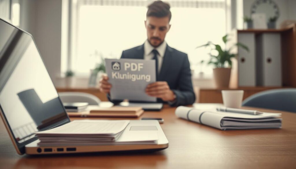 A close-up view of a well-organized work desk featuring a digital tablet displaying an email labeled "Kündigung" and an attached PDF file icon. The foreground includes a stylish laptop and a neatly arranged stack of printed documents, symbolizing the formalities of an email resignation process. In the middle ground, a professional business person, dressed in smart attire, is focused on reviewing the PDF on the tablet, emphasizing the importance of delivery confirmation. The background showcases a bright, well-lit office setting with soft natural light streaming through a window, creating a calm and professional atmosphere. Shot on a Sony A7R IV at 70mm, ensuring clear focus and sharp definition, with a polarized filter enhancing colors and textures. A close-up view of a well-organized work desk featuring a digital tablet displaying an email labeled "Kündigung" and an attached PDF file icon. The foreground includes a stylish laptop and a neatly arranged stack of printed documents, symbolizing the formalities of an email resignation process. In the middle ground, a professional business person, dressed in smart attire, is focused on reviewing the PDF on the tablet, emphasizing the importance of delivery confirmation. The background showcases a bright, well-lit office setting with soft natural light streaming through a window, creating a calm and professional atmosphere. Shot on a Sony A7R IV at 70mm, ensuring clear focus and sharp definition, with a polarized filter enhancing colors and textures.