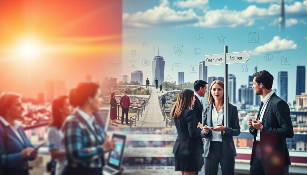 A collage representing the success factors for career changers, layered with vivid imagery. In the foreground, a diverse group of professionals dressed in business attire, engaged in discussions and exchanging ideas, symbolizing collaboration and networking. In the middle ground, visual elements like a pathway or a signpost illustrating various career options, paired with icons representing skills such as communication and adaptability. The background features a vibrant city skyline, suggesting opportunity and growth. The lighting is bright and inspiring, creating an optimistic atmosphere, while a soft focus adds depth. Captured with a Sony A7R IV at 70mm, sharply defined with a polarized filter, enhancing visual clarity and composition. A collage representing the success factors for career changers, layered with vivid imagery. In the foreground, a diverse group of professionals dressed in business attire, engaged in discussions and exchanging ideas, symbolizing collaboration and networking. In the middle ground, visual elements like a pathway or a signpost illustrating various career options, paired with icons representing skills such as communication and adaptability. The background features a vibrant city skyline, suggesting opportunity and growth. The lighting is bright and inspiring, creating an optimistic atmosphere, while a soft focus adds depth. Captured with a Sony A7R IV at 70mm, sharply defined with a polarized filter, enhancing visual clarity and composition.