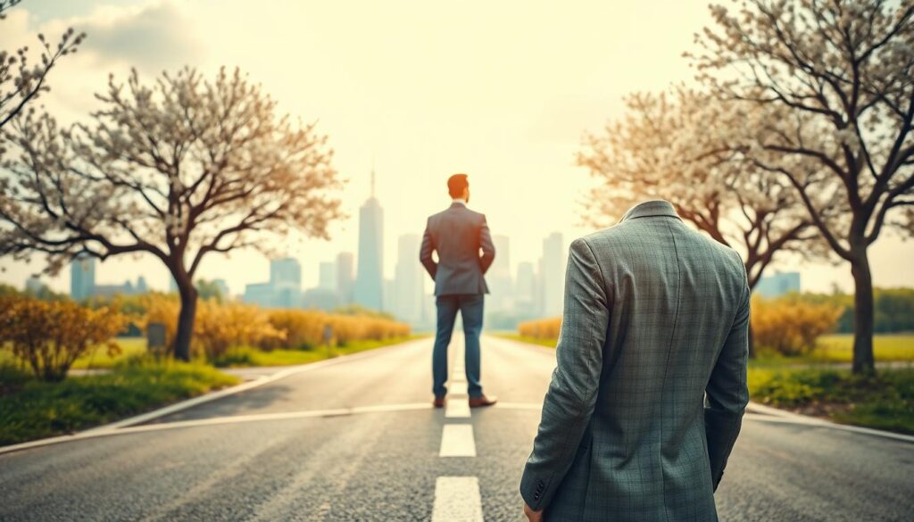 A confident professional standing at a crossroads, embodying the theme of transitioning careers. In the foreground, the individual, a diverse person in smart business attire, gazes thoughtfully toward a vibrant city skyline, symbolizing new opportunities. In the middle ground, a clear path leads both ways, flanked by blooming trees representing personal growth and fresh perspectives. The background features a bright sky with soft clouds, evoking a sense of hope and optimism. The image is captured with a Sony A7R IV at 70mm, ensuring sharp focus and vibrant colors, enhanced by a polarized filter to reduce glare, creating an uplifting atmosphere that conveys the advantages of a career change. A confident professional standing at a crossroads, embodying the theme of transitioning careers. In the foreground, the individual, a diverse person in smart business attire, gazes thoughtfully toward a vibrant city skyline, symbolizing new opportunities. In the middle ground, a clear path leads both ways, flanked by blooming trees representing personal growth and fresh perspectives. The background features a bright sky with soft clouds, evoking a sense of hope and optimism. The image is captured with a Sony A7R IV at 70mm, ensuring sharp focus and vibrant colors, enhanced by a polarized filter to reduce glare, creating an uplifting atmosphere that conveys the advantages of a career change.