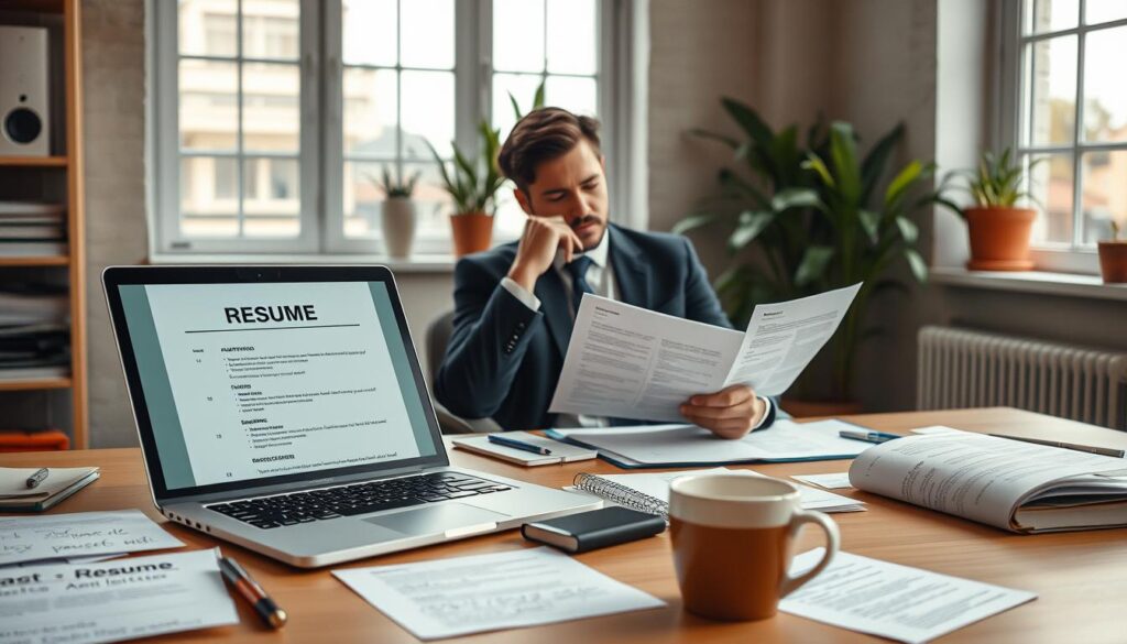 A creative workspace showcasing a professional, visually appealing scene focused on avoiding standard phrases in job applications. The foreground features a well-organized desk with a laptop open to a unique resume template, papers scattered with handwritten notes, and a coffee cup, conveying a sense of brainstorming. In the middle ground, an individual dressed in smart business attire is thoughtfully reviewing various professional documents, displaying a focused expression. The background features a large window with natural light streaming in, illuminating a few potted plants for a touch of warmth. The atmosphere is one of inspiration and originality, shot on a Sony A7R IV, 70mm lens, with clear focus and a polarized filter enhancing the vivid colors. A creative workspace showcasing a professional, visually appealing scene focused on avoiding standard phrases in job applications. The foreground features a well-organized desk with a laptop open to a unique resume template, papers scattered with handwritten notes, and a coffee cup, conveying a sense of brainstorming. In the middle ground, an individual dressed in smart business attire is thoughtfully reviewing various professional documents, displaying a focused expression. The background features a large window with natural light streaming in, illuminating a few potted plants for a touch of warmth. The atmosphere is one of inspiration and originality, shot on a Sony A7R IV, 70mm lens, with clear focus and a polarized filter enhancing the vivid colors.