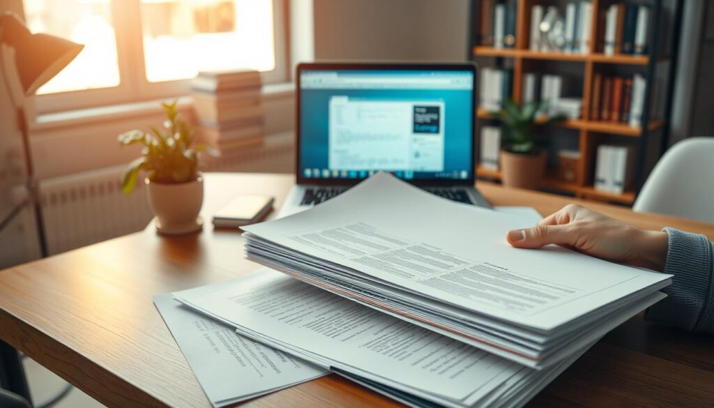 A desk in a modern, well-lit office environment with a focus on neatly organized application documents. In the foreground, a pair of hands are assembling a folder filled with neatly arranged resumes, cover letters, and reference letters, all displayed in a professional manner. The middle ground features a laptop open to an online application portal, with a soft glow from the screen lighting the workspace. In the background, a bookshelf filled with industry-related books and a potted plant adds a touch of warmth to the atmosphere. The image captures a sense of focus and professionalism, shot on a Sony A7R IV at 70mm, clearly focused and sharply defined, using a polarized filter to enhance colors and contrast. A desk in a modern, well-lit office environment with a focus on neatly organized application documents. In the foreground, a pair of hands are assembling a folder filled with neatly arranged resumes, cover letters, and reference letters, all displayed in a professional manner. The middle ground features a laptop open to an online application portal, with a soft glow from the screen lighting the workspace. In the background, a bookshelf filled with industry-related books and a potted plant adds a touch of warmth to the atmosphere. The image captures a sense of focus and professionalism, shot on a Sony A7R IV at 70mm, clearly focused and sharply defined, using a polarized filter to enhance colors and contrast.
