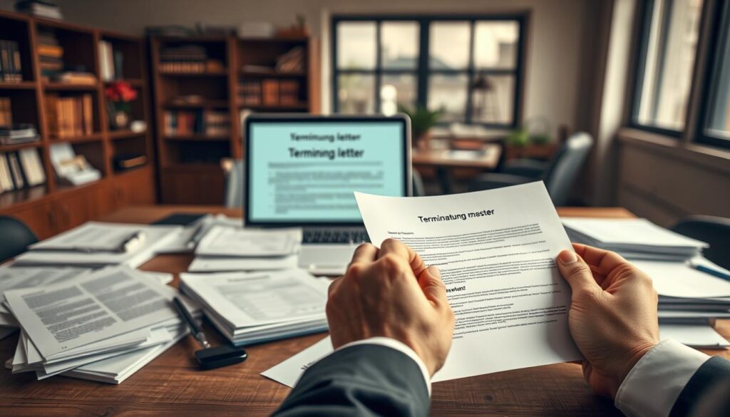 A detailed composition showcasing a professional office setting, featuring a table cluttered with various examples of "Kündigungsmuster" (termination patterns) in the public sector, including neatly organized documents and forms. The foreground includes a pair of hands, dressed in formal business attire, analyzing a termination letter, emphasizing focus and scrutiny. In the middle ground, a softly blurred laptop screen displays a digital version of a guideline document. The background shows a well-lit office environment with bookshelves filled with legal texts and a large window letting in natural light, creating a warm, professional ambiance. Shot on a Sony A7R IV with a 70mm lens, the image has clear focus and sharp definitions, enhanced by a polarized filter to reduce glare and emphasize colors in this informative yet inviting scene. A detailed composition showcasing a professional office setting, featuring a table cluttered with various examples of "Kündigungsmuster" (termination patterns) in the public sector, including neatly organized documents and forms. The foreground includes a pair of hands, dressed in formal business attire, analyzing a termination letter, emphasizing focus and scrutiny. In the middle ground, a softly blurred laptop screen displays a digital version of a guideline document. The background shows a well-lit office environment with bookshelves filled with legal texts and a large window letting in natural light, creating a warm, professional ambiance. Shot on a Sony A7R IV with a 70mm lens, the image has clear focus and sharp definitions, enhanced by a polarized filter to reduce glare and emphasize colors in this informative yet inviting scene.