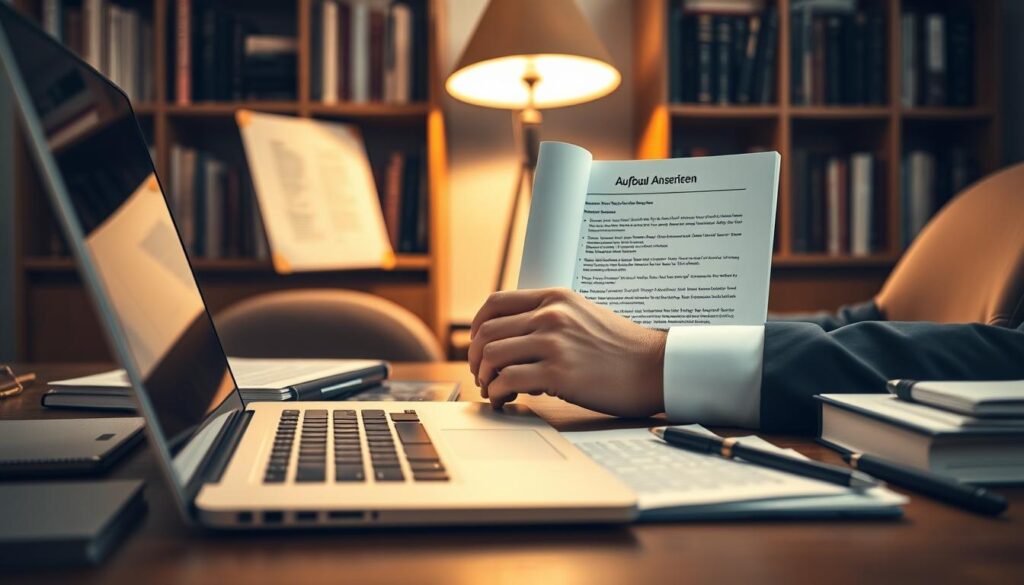 A detailed image depicting the structure of a cover letter, titled "Aufbau Anschreiben". In the foreground, a neatly organized desk featuring a pristine laptop, an open, well-structured cover letter with bullet points, and professional stationery. In the middle ground, a pair of hands, clad in business attire, are preparing to type on the laptop, emphasizing a sense of professionalism. Background elements include a bookshelf filled with career-related literature and a warm desk lamp providing soft, focused lighting. The scene is captured with a Sony A7R IV at 70mm, resulting in sharp focus and clear definition. The overall mood is one of motivation and professionalism, highlighted by the intimate workspace setting. A detailed image depicting the structure of a cover letter, titled "Aufbau Anschreiben". In the foreground, a neatly organized desk featuring a pristine laptop, an open, well-structured cover letter with bullet points, and professional stationery. In the middle ground, a pair of hands, clad in business attire, are preparing to type on the laptop, emphasizing a sense of professionalism. Background elements include a bookshelf filled with career-related literature and a warm desk lamp providing soft, focused lighting. The scene is captured with a Sony A7R IV at 70mm, resulting in sharp focus and clear definition. The overall mood is one of motivation and professionalism, highlighted by the intimate workspace setting.