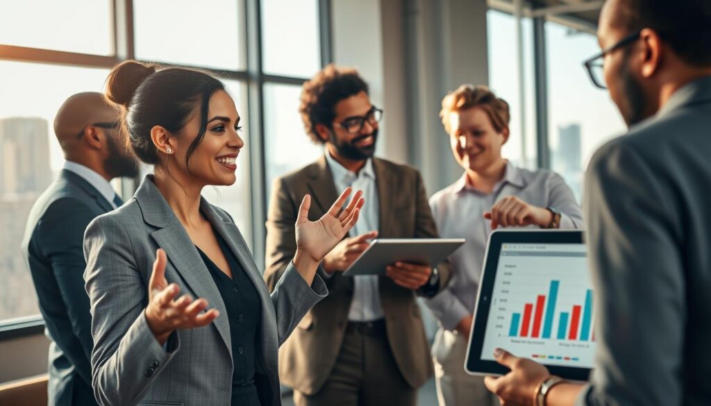 A diverse group of professionals in an office setting, deeply engaged in a brainstorming session. In the foreground, a confident woman in business attire gesturing with enthusiasm, her hands illustrating the transferability of skills. In the middle, two colleagues nodding thoughtfully, one pointing at a digital tablet showcasing graphs of career transitions, symbolizing adaptability. The background features a large window with natural light streaming in, casting soft shadows, and a city skyline visible, hinting at opportunity. The atmosphere is collaborative and inspiring, with warm lighting to enhance a sense of possibility. Shot on a Sony A7R IV at 70mm, clearly focused and sharply defined, using a polarized filter for vivid colors and clarity. A diverse group of professionals in an office setting, deeply engaged in a brainstorming session. In the foreground, a confident woman in business attire gesturing with enthusiasm, her hands illustrating the transferability of skills. In the middle, two colleagues nodding thoughtfully, one pointing at a digital tablet showcasing graphs of career transitions, symbolizing adaptability. The background features a large window with natural light streaming in, casting soft shadows, and a city skyline visible, hinting at opportunity. The atmosphere is collaborative and inspiring, with warm lighting to enhance a sense of possibility. Shot on a Sony A7R IV at 70mm, clearly focused and sharply defined, using a polarized filter for vivid colors and clarity.