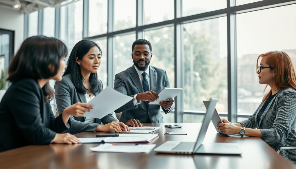 A diverse group of three professionals in business attire engaged in a collaborative discussion around a conference table in a modern office setting. The foreground features a woman of Asian descent actively listening, a man of African descent pointing at a document, and a woman of Caucasian descent taking notes. The middle ground showcases stationery and a laptop, symbolizing teamwork. In the background, large windows allow natural light to flood the space, creating a bright and inviting atmosphere. The image captures a sense of camaraderie, focusing on soft skills and teamwork, highlighting the importance of interaction in the public service sector. Shot on a Sony A7R IV with a 70mm lens, ensuring a clear focus and sharp definitions, enhanced by a polarized filter to balance brilliance and contrast. A diverse group of three professionals in business attire engaged in a collaborative discussion around a conference table in a modern office setting. The foreground features a woman of Asian descent actively listening, a man of African descent pointing at a document, and a woman of Caucasian descent taking notes. The middle ground showcases stationery and a laptop, symbolizing teamwork. In the background, large windows allow natural light to flood the space, creating a bright and inviting atmosphere. The image captures a sense of camaraderie, focusing on soft skills and teamwork, highlighting the importance of interaction in the public service sector. Shot on a Sony A7R IV with a 70mm lens, ensuring a clear focus and sharp definitions, enhanced by a polarized filter to balance brilliance and contrast.