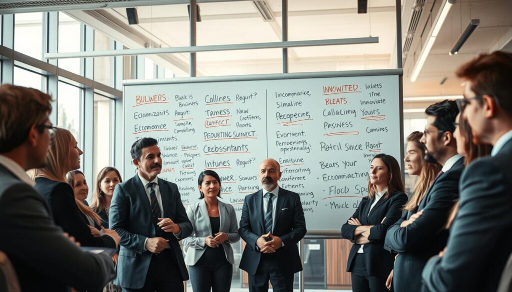 A dynamic office setting reflecting the theme of criticism towards overused phrases in the New Work environment. In the foreground, a diverse group of professionals in business attire debates passionately, their expressions conveying deep thought and skepticism. The middle ground features a large whiteboard filled with common business jargon crossed out in red, juxtaposed against bold, innovative ideas written in black. The background reveals a modern office with large windows allowing natural sunlight to flood in, creating a vibrant atmosphere. Shot on a Sony A7R IV at 70mm with a polarized filter, delivering a sharply defined image that emphasizes clarity and focus, showcasing a blend of intensity and professionalism in the environment. A dynamic office setting reflecting the theme of criticism towards overused phrases in the New Work environment. In the foreground, a diverse group of professionals in business attire debates passionately, their expressions conveying deep thought and skepticism. The middle ground features a large whiteboard filled with common business jargon crossed out in red, juxtaposed against bold, innovative ideas written in black. The background reveals a modern office with large windows allowing natural sunlight to flood in, creating a vibrant atmosphere. Shot on a Sony A7R IV at 70mm with a polarized filter, delivering a sharply defined image that emphasizes clarity and focus, showcasing a blend of intensity and professionalism in the environment.
