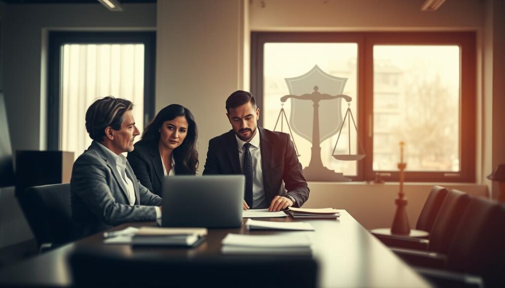 A focused image depicting a business setting illustrating the theme of "Kündigungsschutzgesetz und Arbeitnehmerrechte". In the foreground, a diverse group of three professionals in business attire—two men and one woman—are engaged in a serious discussion around a conference table, with documents and a laptop open. The middle ground features a large window with soft natural light pouring in, casting shadows and creating a warm atmosphere, emphasizing teamwork and collaboration. In the background, an abstract representation of employee rights and protection is subtly integrated, using symbolic visuals like a gavel, scales of justice, or a shield. The image is shot on a Sony A7R IV with a 70mm lens, crisply focused and sharply defined, enhanced by a polarized filter to enrich colors and contrast. A focused image depicting a business setting illustrating the theme of "Kündigungsschutzgesetz und Arbeitnehmerrechte". In the foreground, a diverse group of three professionals in business attire—two men and one woman—are engaged in a serious discussion around a conference table, with documents and a laptop open. The middle ground features a large window with soft natural light pouring in, casting shadows and creating a warm atmosphere, emphasizing teamwork and collaboration. In the background, an abstract representation of employee rights and protection is subtly integrated, using symbolic visuals like a gavel, scales of justice, or a shield. The image is shot on a Sony A7R IV with a 70mm lens, crisply focused and sharply defined, enhanced by a polarized filter to enrich colors and contrast.
