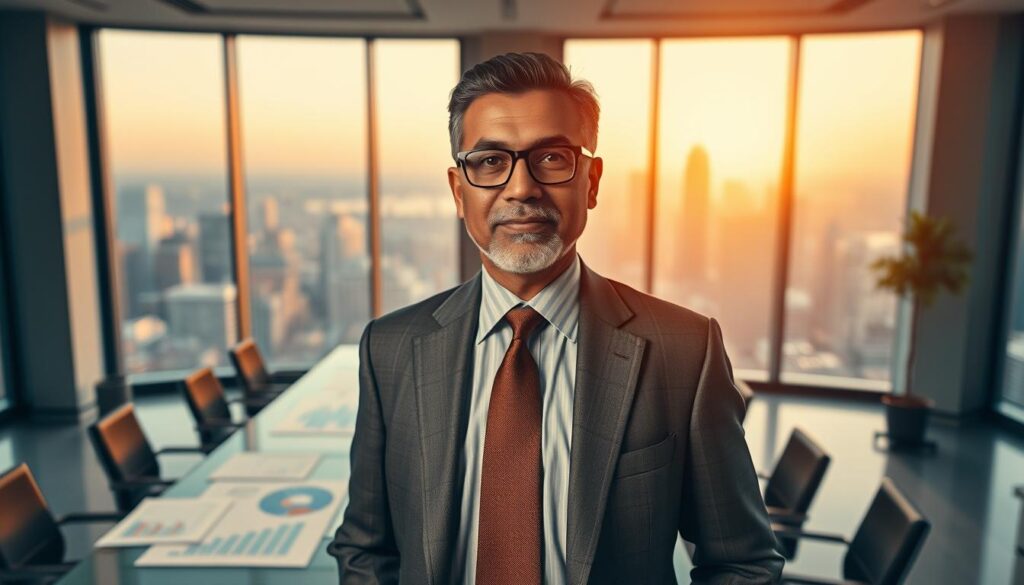 A high-contrast, sharply defined image showcasing a confident business manager standing in an elegantly designed office. In the foreground, the manager, a middle-aged South Asian man dressed in a tailored business suit, projects authority and wisdom. The middle layer includes a sophisticated conference table filled with charts and graphs, symbolizing strategic planning. In the background, large windows reveal a bustling city skyline, illuminated by warm sunlight, adding an atmosphere of ambition and possibility. The scene captures the tension between myth and reality in leadership, reflecting the intricate nature of management. The image should be shot on a Sony A7R IV with a 70mm lens, utilizing a polarized filter to create vibrant colors and deep contrasts, conveying a sense of professionalism and clarity. A high-contrast, sharply defined image showcasing a confident business manager standing in an elegantly designed office. In the foreground, the manager, a middle-aged South Asian man dressed in a tailored business suit, projects authority and wisdom. The middle layer includes a sophisticated conference table filled with charts and graphs, symbolizing strategic planning. In the background, large windows reveal a bustling city skyline, illuminated by warm sunlight, adding an atmosphere of ambition and possibility. The scene captures the tension between myth and reality in leadership, reflecting the intricate nature of management. The image should be shot on a Sony A7R IV with a 70mm lens, utilizing a polarized filter to create vibrant colors and deep contrasts, conveying a sense of professionalism and clarity.