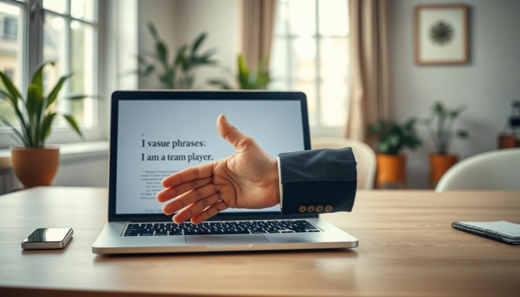 A minimalist workspace illustrating "typical clichés to avoid" in job applications. Foreground features a neatly arranged desk with a laptop showing an open document, blurred text indicating vague phrases like "I am a team player." In the middle, a hand reaches out over the keyboard, wearing a sharp business suit sleeve, emphasizing professionalism. Background depicts an elegant office with soft-focus potted plants and light-colored walls, creating an inviting atmosphere. Natural daylight pours in from a nearby window, enhanced by a polarized filter for clarity. The overall mood is focused and serious, suggesting the importance of clear, impactful communication in job applications. Captured with a Sony A7R IV at 70mm, ensuring sharp definition and clarity. A minimalist workspace illustrating "typical clichés to avoid" in job applications. Foreground features a neatly arranged desk with a laptop showing an open document, blurred text indicating vague phrases like "I am a team player." In the middle, a hand reaches out over the keyboard, wearing a sharp business suit sleeve, emphasizing professionalism. Background depicts an elegant office with soft-focus potted plants and light-colored walls, creating an inviting atmosphere. Natural daylight pours in from a nearby window, enhanced by a polarized filter for clarity. The overall mood is focused and serious, suggesting the importance of clear, impactful communication in job applications. Captured with a Sony A7R IV at 70mm, ensuring sharp definition and clarity.