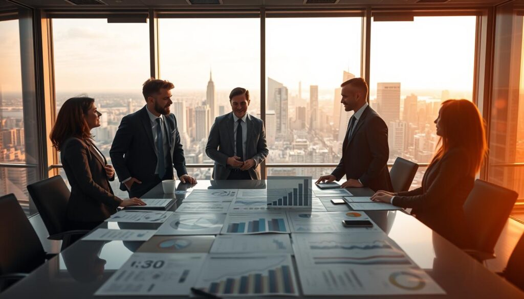 A modern corporate office environment, showcasing the concept of "entrepreneurial decision-making." In the foreground, a diverse group of four professionals in smart business attire, engaged in a dynamic discussion around a sleek conference table strewn with charts and graphs. The middle ground features a large digital screen displaying data analytics, illuminated brightly to emphasize the importance of informed choices. The background reveals floor-to-ceiling windows with a panoramic view of a bustling city skyline, drenched in warm, natural light, suggesting optimism and opportunity. The image should evoke a mood of clarity, focus, and professionalism, captured with a Sony A7R IV at 70mm, ensuring sharp detail and vivid colors, using a polarized filter to enhance reflections and contrast. A modern corporate office environment, showcasing the concept of "entrepreneurial decision-making." In the foreground, a diverse group of four professionals in smart business attire, engaged in a dynamic discussion around a sleek conference table strewn with charts and graphs. The middle ground features a large digital screen displaying data analytics, illuminated brightly to emphasize the importance of informed choices. The background reveals floor-to-ceiling windows with a panoramic view of a bustling city skyline, drenched in warm, natural light, suggesting optimism and opportunity. The image should evoke a mood of clarity, focus, and professionalism, captured with a Sony A7R IV at 70mm, ensuring sharp detail and vivid colors, using a polarized filter to enhance reflections and contrast.