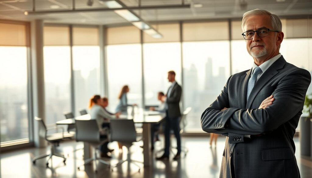 A modern corporate office setting, highlighting the contrast between title and true leadership. In the foreground, a middle-aged professional man in a tailored suit stands confidently, arms crossed, symbolizing authority, with a thoughtful expression. In the middle ground, a diverse group of employees engaged in a collaborative meeting around a sleek conference table, showcasing teamwork and communication. The background features large windows with a city skyline, conveying ambition and progress. Soft sunlight filters through, creating a warm and inviting atmosphere. Shot on a Sony A7R IV at 70mm, the image is sharply focused with a polarized filter, emphasizing clarity and professionalism while evoking a sense of reflection on the true meaning of managerial roles. A modern corporate office setting, highlighting the contrast between title and true leadership. In the foreground, a middle-aged professional man in a tailored suit stands confidently, arms crossed, symbolizing authority, with a thoughtful expression. In the middle ground, a diverse group of employees engaged in a collaborative meeting around a sleek conference table, showcasing teamwork and communication. The background features large windows with a city skyline, conveying ambition and progress. Soft sunlight filters through, creating a warm and inviting atmosphere. Shot on a Sony A7R IV at 70mm, the image is sharply focused with a polarized filter, emphasizing clarity and professionalism while evoking a sense of reflection on the true meaning of managerial roles.
