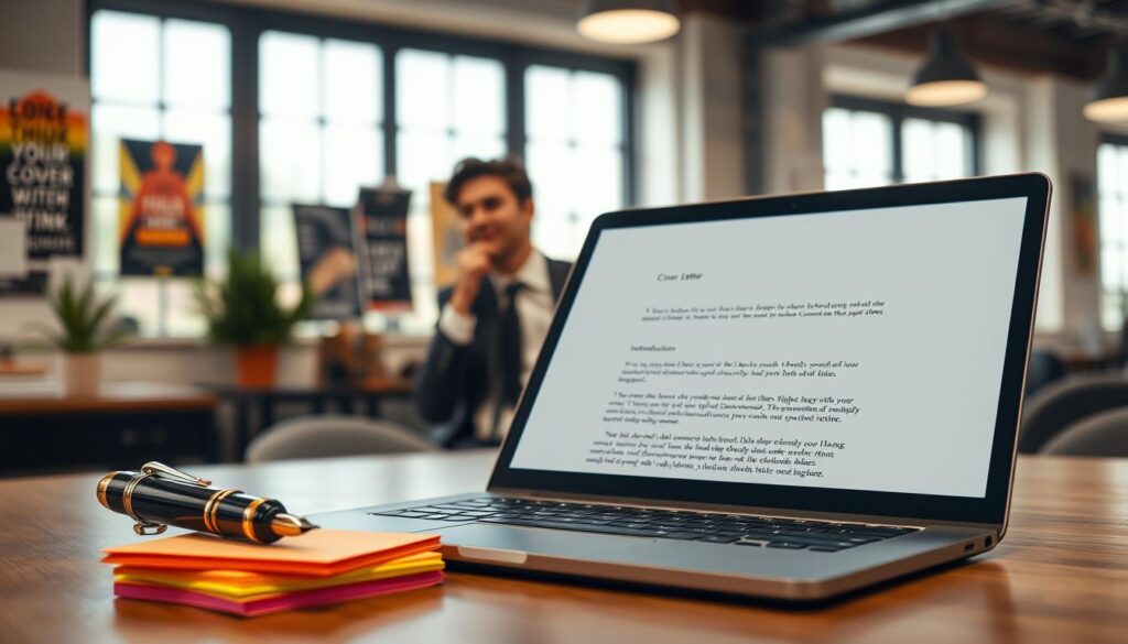 A modern office desk scene, featuring an open laptop displaying a blank document labeled as a cover letter. In the foreground, an elegant fountain pen rests beside a stack of colorful sticky notes, where ideas for a creative cover letter introduction are scribbled. In the middle ground, a stylishly dressed professional, in business attire, is brainstorming, with a thoughtful expression, surrounded by motivational posters on the walls. The background shows a bright, airy office space with natural light streaming through large windows, creating a warm and inspiring atmosphere. Shot on a Sony A7R IV at 70mm, the image is clearly focused and sharply defined, with a polarized filter enhancing the colors and contrasts.