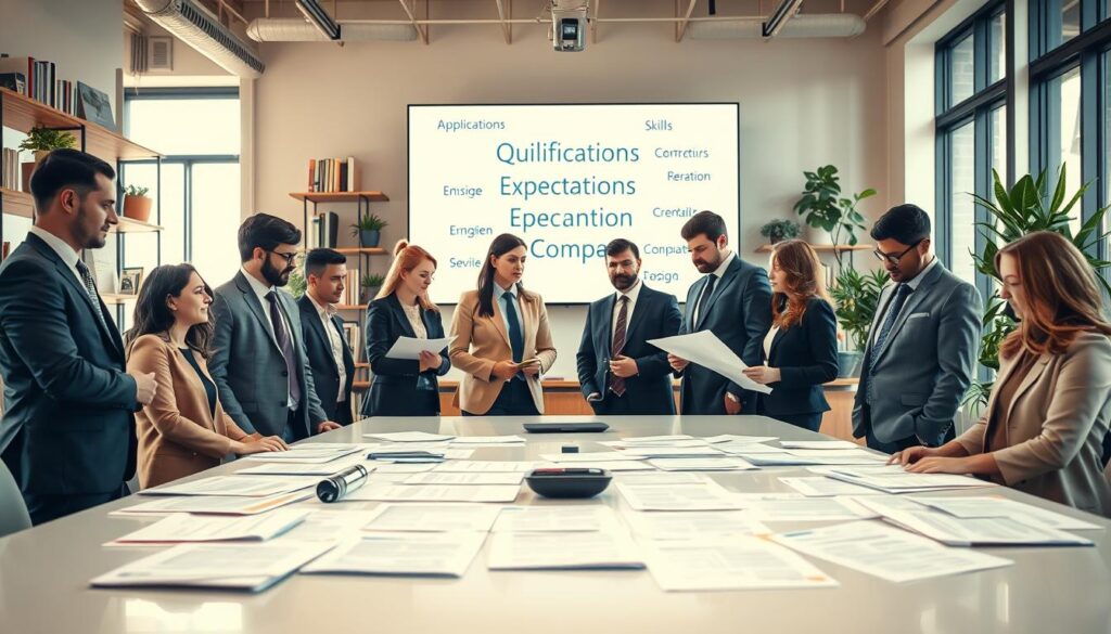 A modern office environment bustling with professionals reviewing job applications. In the foreground, a diverse group of well-dressed individuals, including men and women in smart business attire, is engaged in conversation, analyzing application documents spread on a sleek conference table. In the middle ground, a large screen displays keywords such as 'Qualifications', 'Expectations', and 'Skills', visually representing what companies seek in candidates. The background features shelves filled with books and plants, creating an inviting atmosphere. The scene is well-lit with natural light streaming through large windows, casting soft shadows. Captured with a Sony A7R IV at 70mm, the image is sharply defined and clearly focused, evoking a professional and dynamic mood while emphasizing the importance of complete application materials. A modern office environment bustling with professionals reviewing job applications. In the foreground, a diverse group of well-dressed individuals, including men and women in smart business attire, is engaged in conversation, analyzing application documents spread on a sleek conference table. In the middle ground, a large screen displays keywords such as 'Qualifications', 'Expectations', and 'Skills', visually representing what companies seek in candidates. The background features shelves filled with books and plants, creating an inviting atmosphere. The scene is well-lit with natural light streaming through large windows, casting soft shadows. Captured with a Sony A7R IV at 70mm, the image is sharply defined and clearly focused, evoking a professional and dynamic mood while emphasizing the importance of complete application materials.