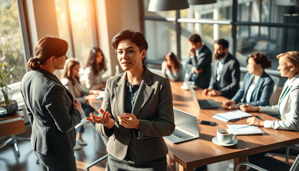 A modern office environment, showcasing a diverse group of professionals engaged in lively discussion and collaboration. In the foreground, a confident woman in a tailored business suit presents ideas to her colleagues, who are attentively listening and taking notes. In the middle ground, a large conference table is filled with laptops, documents, and coffee cups, emphasizing a dynamic working atmosphere. The background features large windows allowing natural light to flood the space, creating a warm and inviting ambiance. Sunlight reflects off polished surfaces, enhancing the professional look. Shot on a Sony A7R IV at 70mm, the image is clearly focused and sharply defined, with a polarized filter to enrich colors and minimize glare, contributing to a mood of inspiration and motivation. A modern office environment, showcasing a diverse group of professionals engaged in lively discussion and collaboration. In the foreground, a confident woman in a tailored business suit presents ideas to her colleagues, who are attentively listening and taking notes. In the middle ground, a large conference table is filled with laptops, documents, and coffee cups, emphasizing a dynamic working atmosphere. The background features large windows allowing natural light to flood the space, creating a warm and inviting ambiance. Sunlight reflects off polished surfaces, enhancing the professional look. Shot on a Sony A7R IV at 70mm, the image is clearly focused and sharply defined, with a polarized filter to enrich colors and minimize glare, contributing to a mood of inspiration and motivation.
