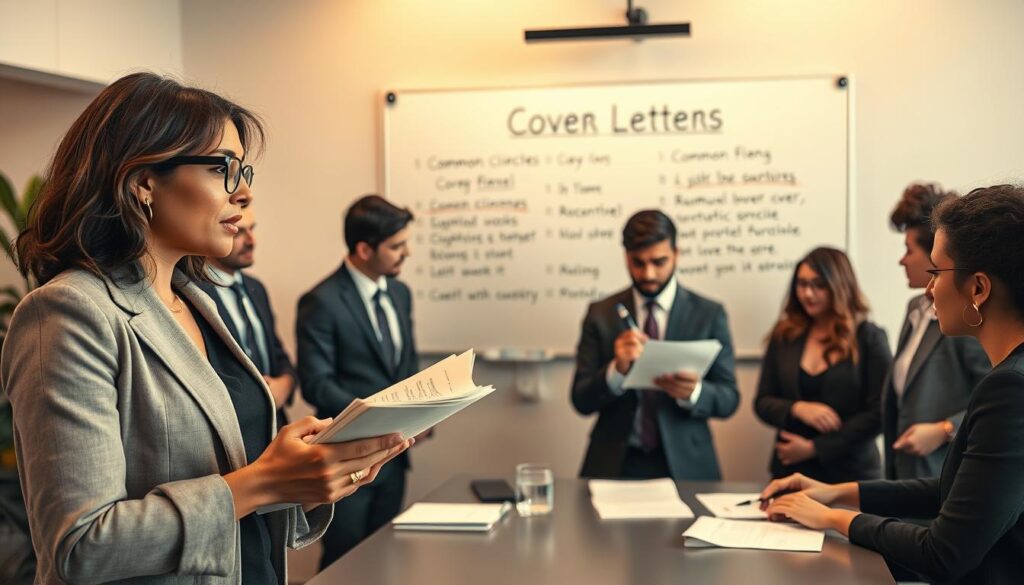 A modern, professional workspace scene showing a diverse group of individuals in business attire engaged in a discussion about effective cover letters. In the foreground, a woman, confidently explaining her point, holds a notebook filled with notes and avoids clichés. In the middle, a man thoughtfully reviewing a document, highlighting sections with a pen, illustrating the importance of originality. In the background, a large whiteboard displays a list of common clichés crossed out, emphasizing the focus on clarity and authenticity. The lighting is warm and inviting, creating a collaborative atmosphere. Shot on a Sony A7R IV with a 70mm lens, ensuring clear focus and sharp definition, complemented by a polarized filter to enhance color contrast. A modern, professional workspace scene showing a diverse group of individuals in business attire engaged in a discussion about effective cover letters. In the foreground, a woman, confidently explaining her point, holds a notebook filled with notes and avoids clichés. In the middle, a man thoughtfully reviewing a document, highlighting sections with a pen, illustrating the importance of originality. In the background, a large whiteboard displays a list of common clichés crossed out, emphasizing the focus on clarity and authenticity. The lighting is warm and inviting, creating a collaborative atmosphere. Shot on a Sony A7R IV with a 70mm lens, ensuring clear focus and sharp definition, complemented by a polarized filter to enhance color contrast.