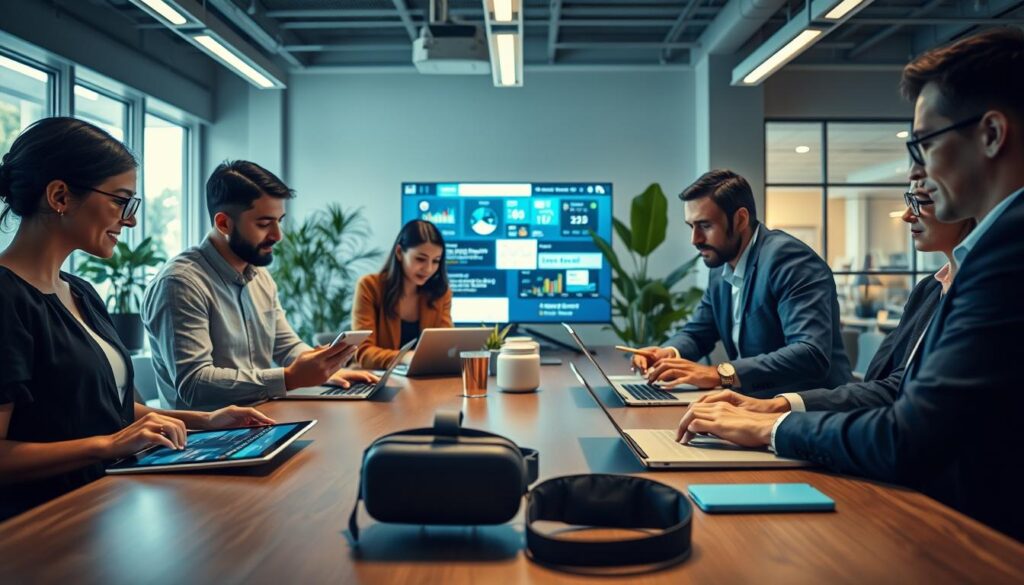 A modern workspace showcasing technology-enhanced learning. In the foreground, a diverse group of professionals, dressed in smart casual attire, are engaged with tablets and laptops, collaborating on a project. The middle layer features high-tech screens displaying interactive learning modules and infographics, while virtual reality headsets rest on the table, hinting at immersive education. In the background, bright windows illuminate a sleek office environment with green plants, promoting a vibrant atmosphere. The lighting is warm and inviting, enhancing the sense of innovation and teamwork. Captured with a Sony A7R IV at 70mm, the image is sharply defined, using a polarized filter to reduce glare and enhance colors, creating a professional yet dynamic mood.