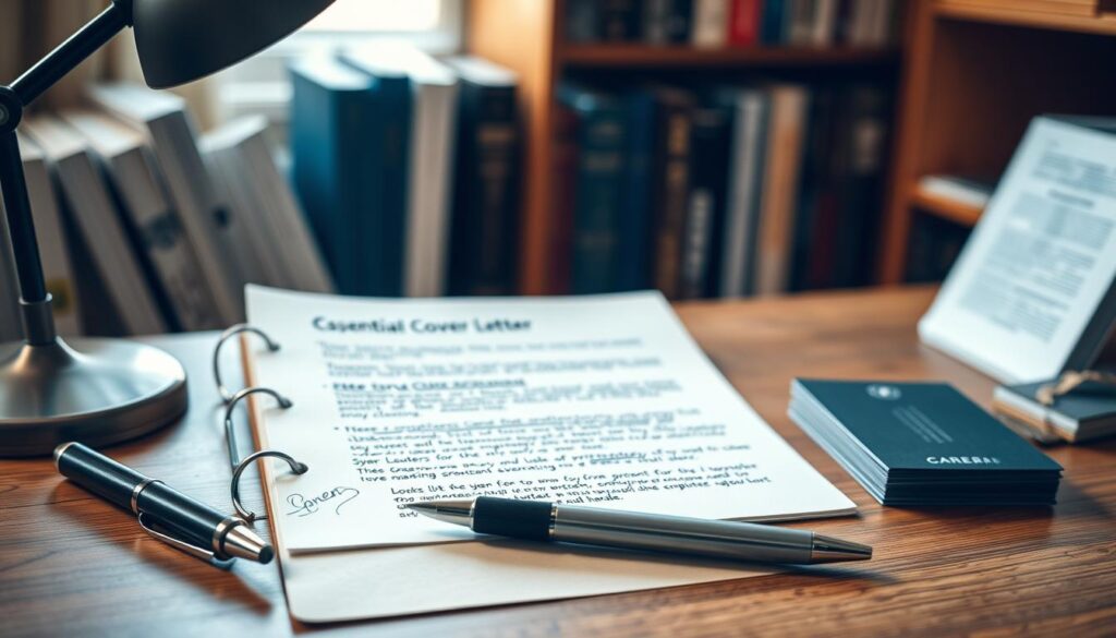 A neatly arranged desk featuring the essential components of a professional cover letter. In the foreground, a stylish pen and an open notebook with handwritten notes about key elements such as the header, greeting, body, and closing. In the middle, a printed cover letter with clean formatting, highlighted sections indicating structure, and a small stack of business cards to the side. The background shows a softly blurred bookshelf filled with career-related books, creating an academic and organized atmosphere. Soft natural lighting streams in from a window, with a gentle glare filtered through a polarized lens, giving the scene a warm, inviting feel. Shot on a Sony A7R IV at 70mm, clearly focused and sharply defined. A neatly arranged desk featuring the essential components of a professional cover letter. In the foreground, a stylish pen and an open notebook with handwritten notes about key elements such as the header, greeting, body, and closing. In the middle, a printed cover letter with clean formatting, highlighted sections indicating structure, and a small stack of business cards to the side. The background shows a softly blurred bookshelf filled with career-related books, creating an academic and organized atmosphere. Soft natural lighting streams in from a window, with a gentle glare filtered through a polarized lens, giving the scene a warm, inviting feel. Shot on a Sony A7R IV at 70mm, clearly focused and sharply defined.
