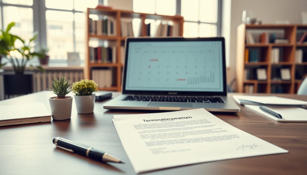 A neatly arranged desk in a modern office setting, featuring a clean, professional Kündigungsschreiben (termination letter) on crisp white paper, with a classic pen beside it. The foreground includes a small potted plant and an open laptop displaying a calendar, suggesting careful planning. In the middle ground, the termination letter is prominently displayed, showcasing precise language and a formal tone. The background features shelves with books and a large window letting in soft, natural daylight, creating a calm yet serious atmosphere. The image is shot with a Sony A7R IV at 70mm, clearly focused and sharply defined, with a polarized filter enhancing the light for a professional look, evoking a sense of formality and determination. No people are present in the image.
