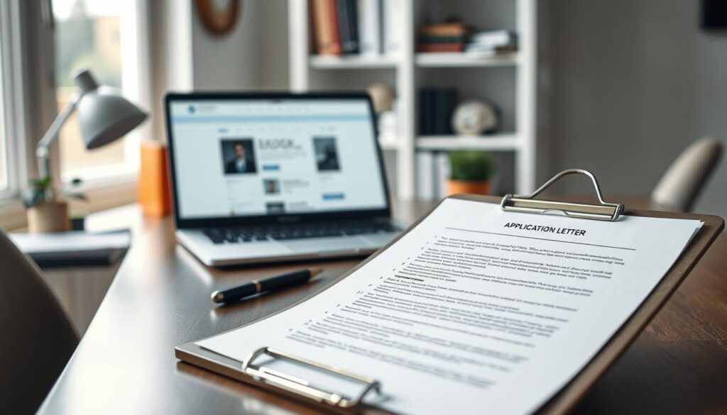 A neatly arranged desk in a soft-lit office setting, showcasing an elegant application letter prominently placed on a professional-style clipboard. In the foreground, a close-up of the application letter reveals its polished layout, with bullet points highlighting necessary sections like personal details, introduction, and conclusion. The middle ground features a sleek laptop opened to a job application portal, with a stylish pen resting beside it. In the background, a subtle, blurred bookshelf filled with career-related books and a small potted plant adds a touch of warmth. The lighting is soft and inviting, creating a focused atmosphere. Shot on a Sony A7R IV at 70mm, the image is sharply defined with a polarized filter for enhanced clarity, emphasizing professionalism and preparation.