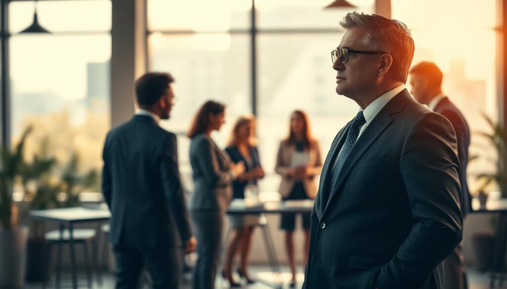 A powerful business leader stands confidently in the foreground, wearing a tailored suit, exuding authority and responsibility. They gaze thoughtfully towards a group of diverse professionals engaged in discussion in the middle ground, embodying teamwork and deliberation. The background features a modern office environment with large windows, allowing warm, natural light to spill in, creating an inspiring and dynamic atmosphere. The overall tone should reflect contemplation about leadership and the moral complexities of power. The image is captured with a Sony A7R IV at 70mm, ensuring clarity and sharp definition, with a polarized filter enhancing the deeper hues and contrasts. The scene conveys a mood of seriousness, ambition, and introspection on the nature of power and its potential to corrupt. A powerful business leader stands confidently in the foreground, wearing a tailored suit, exuding authority and responsibility. They gaze thoughtfully towards a group of diverse professionals engaged in discussion in the middle ground, embodying teamwork and deliberation. The background features a modern office environment with large windows, allowing warm, natural light to spill in, creating an inspiring and dynamic atmosphere. The overall tone should reflect contemplation about leadership and the moral complexities of power. The image is captured with a Sony A7R IV at 70mm, ensuring clarity and sharp definition, with a polarized filter enhancing the deeper hues and contrasts. The scene conveys a mood of seriousness, ambition, and introspection on the nature of power and its potential to corrupt.