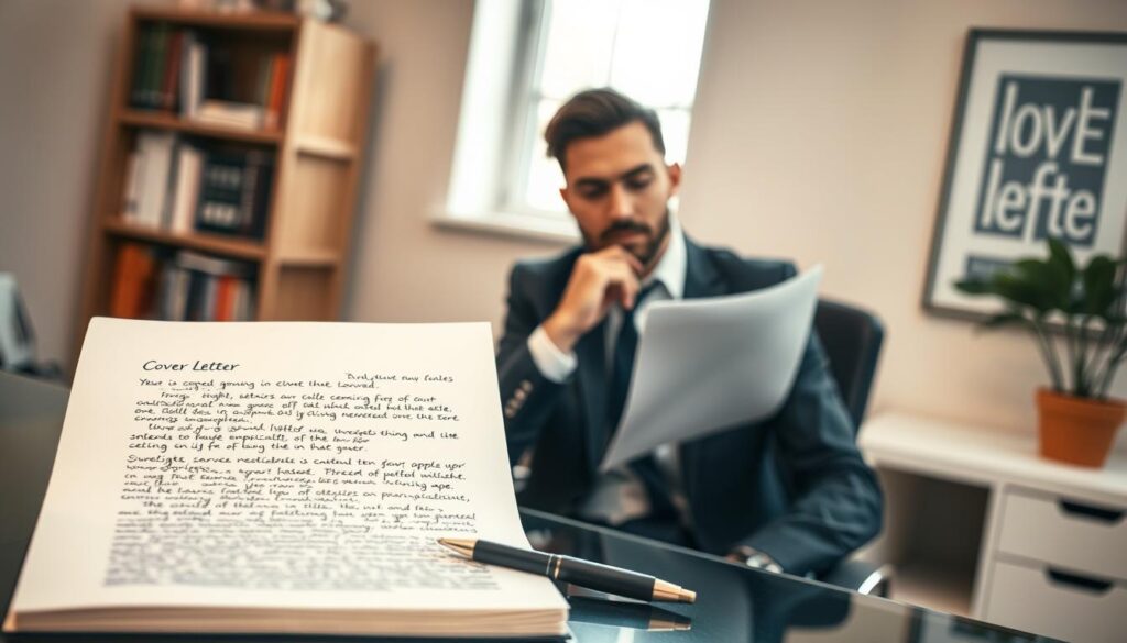 A professional and focused image depicting the significance of a cover letter in the job application process. In the foreground, an open notebook with a neatly written cover letter, a pen resting beside it, showcasing clean handwriting. In the middle, a confident individual in business attire, seated at a modern desk, thoughtfully reviewing the cover letter, their expression reflecting determination and professionalism. The background features soft-focus elements of an office environment, including a bookshelf filled with career-related books and a motivational poster on the wall. Natural light streams in through a window, creating a warm, inviting atmosphere. Shot on a Sony A7R IV 70mm, clearly focused, sharply defined, with a polarized filter enhancing colors and contrast. A professional and focused image depicting the significance of a cover letter in the job application process. In the foreground, an open notebook with a neatly written cover letter, a pen resting beside it, showcasing clean handwriting. In the middle, a confident individual in business attire, seated at a modern desk, thoughtfully reviewing the cover letter, their expression reflecting determination and professionalism. The background features soft-focus elements of an office environment, including a bookshelf filled with career-related books and a motivational poster on the wall. Natural light streams in through a window, creating a warm, inviting atmosphere. Shot on a Sony A7R IV 70mm, clearly focused, sharply defined, with a polarized filter enhancing colors and contrast.