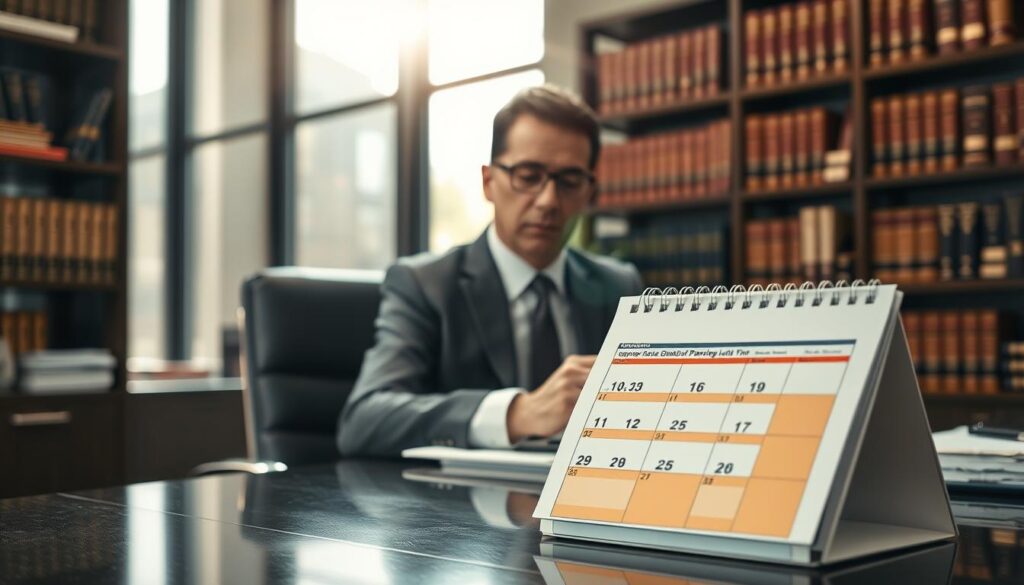 A professional and focused office setting featuring a well-dressed business person, a middle-aged male in a tailored suit, sitting at a sleek, modern desk. He has a serious expression as he reviews a stack of documents, with highlighted sections indicating deadlines and important dates. The foreground includes a close-up of a calendar with marked dates, symbolizing the importance of timeframes for filing a complaint. In the background, softly blurred shelves filled with law books and files create an authoritative atmosphere. The image captures a warm, yet intense mood, illuminated by natural light filtering through large windows, with a slight lens flare to create a professional feel. Shot on a Sony A7R IV with a 70mm lens, using a polarizing filter for vibrant colors and contrast. A professional and focused office setting featuring a well-dressed business person, a middle-aged male in a tailored suit, sitting at a sleek, modern desk. He has a serious expression as he reviews a stack of documents, with highlighted sections indicating deadlines and important dates. The foreground includes a close-up of a calendar with marked dates, symbolizing the importance of timeframes for filing a complaint. In the background, softly blurred shelves filled with law books and files create an authoritative atmosphere. The image captures a warm, yet intense mood, illuminated by natural light filtering through large windows, with a slight lens flare to create a professional feel. Shot on a Sony A7R IV with a 70mm lens, using a polarizing filter for vibrant colors and contrast.