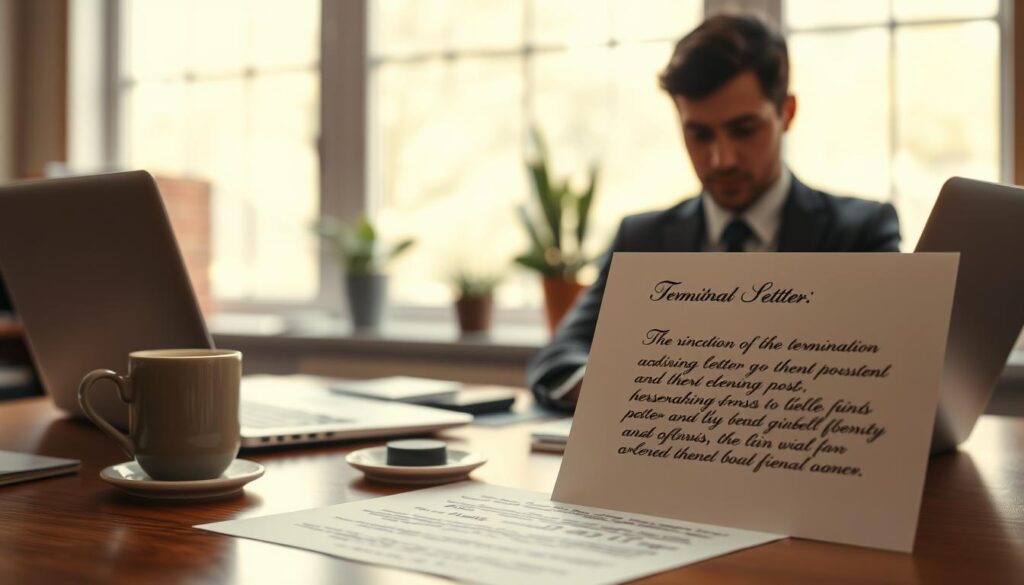 A professional and polished workspace featuring a neatly arranged desk with a termination letter prominently displayed, written in elegant cursive on high-quality paper. In the foreground, a well-dressed individual in formal business attire, focused on typing an email on a sleek laptop, conveying the act of sending the resignation. The middle ground includes a soft-focus coffee cup and a small potted plant, adding an inviting touch to the ambiance. In the background, a large window allows natural light to stream in, illuminating the scene with a warm glow. The shot is captured with a Sony A7R IV at 70mm, with a polarized filter for clarity and detail, creating a serious yet hopeful atmosphere, suggesting readiness for new opportunities. A professional and polished workspace featuring a neatly arranged desk with a termination letter prominently displayed, written in elegant cursive on high-quality paper. In the foreground, a well-dressed individual in formal business attire, focused on typing an email on a sleek laptop, conveying the act of sending the resignation. The middle ground includes a soft-focus coffee cup and a small potted plant, adding an inviting touch to the ambiance. In the background, a large window allows natural light to stream in, illuminating the scene with a warm glow. The shot is captured with a Sony A7R IV at 70mm, with a polarized filter for clarity and detail, creating a serious yet hopeful atmosphere, suggesting readiness for new opportunities.