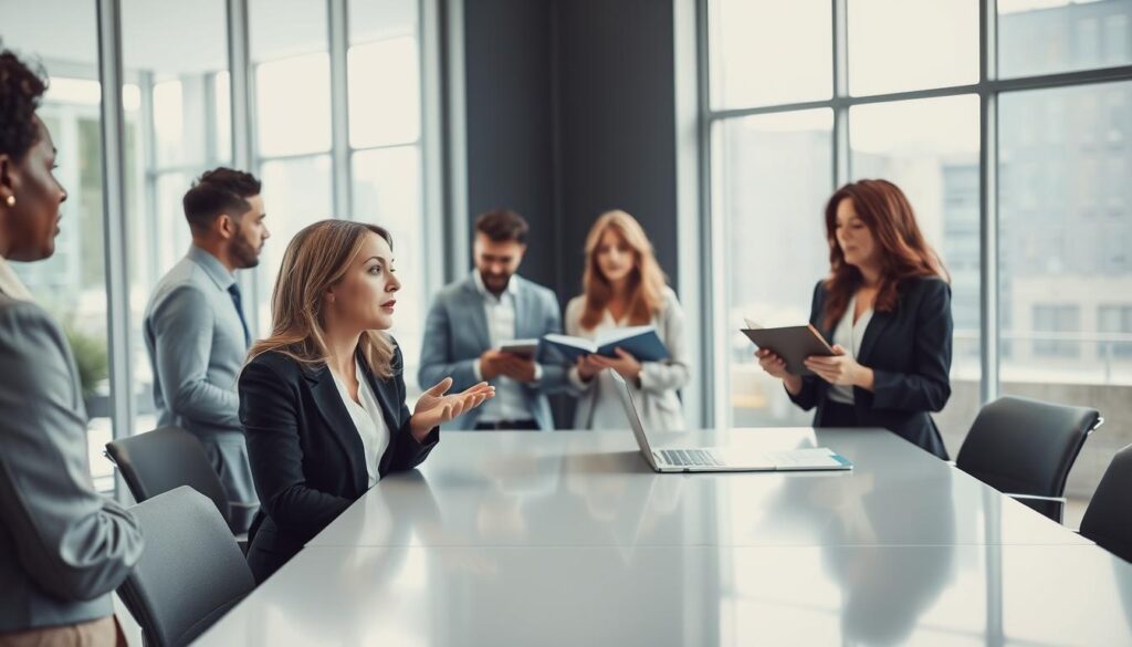 A professional business environment depicting a diverse group of individuals engaged in a discussion about career transition. In the foreground, a focused woman in professional attire is animatedly presenting ideas at a sleek conference table. The middle ground features attentive colleagues, including a man and another woman, all dressed in smart casual clothing, sharing notebooks and exchanging thoughtful expressions. The background showcases a bright, modern office with large windows allowing natural light to stream in, creating an inviting atmosphere. The image is shot with a Sony A7R IV at 70mm, clearly focused and sharply defined, with a polarized filter enhancing the brightness and clarity of the scene. The mood is dynamic and inspirational, emphasizing collaboration and professional development. A professional business environment depicting a diverse group of individuals engaged in a discussion about career transition. In the foreground, a focused woman in professional attire is animatedly presenting ideas at a sleek conference table. The middle ground features attentive colleagues, including a man and another woman, all dressed in smart casual clothing, sharing notebooks and exchanging thoughtful expressions. The background showcases a bright, modern office with large windows allowing natural light to stream in, creating an inviting atmosphere. The image is shot with a Sony A7R IV at 70mm, clearly focused and sharply defined, with a polarized filter enhancing the brightness and clarity of the scene. The mood is dynamic and inspirational, emphasizing collaboration and professional development.