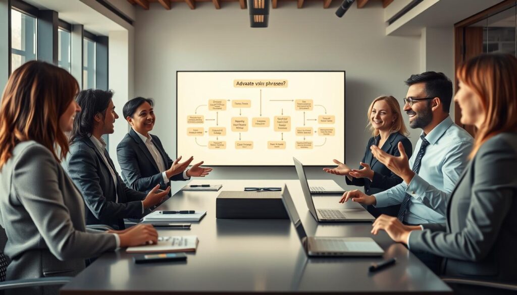 A professional business meeting scene illustrating the advantages of using phrases in the workplace. Foreground features a group of four diverse business professionals, dressed in smart attire, engaged in a lively discussion with animated gestures, emphasizing their points. The middle ground shows a sleek modern conference table adorned with notebooks, laptops, and a large screen displaying a flowchart of benefits related to effective communication. The background includes a contemporary office design with large windows allowing natural light to flood in, casting soft shadows that enhance the atmosphere of collaboration and innovation. The composition is captured with a Sony A7R IV at 70mm, ensuring clear focus on the subjects while softly blurring the background, creating a professional and optimistic mood. A professional business meeting scene illustrating the advantages of using phrases in the workplace. Foreground features a group of four diverse business professionals, dressed in smart attire, engaged in a lively discussion with animated gestures, emphasizing their points. The middle ground shows a sleek modern conference table adorned with notebooks, laptops, and a large screen displaying a flowchart of benefits related to effective communication. The background includes a contemporary office design with large windows allowing natural light to flood in, casting soft shadows that enhance the atmosphere of collaboration and innovation. The composition is captured with a Sony A7R IV at 70mm, ensuring clear focus on the subjects while softly blurring the background, creating a professional and optimistic mood.