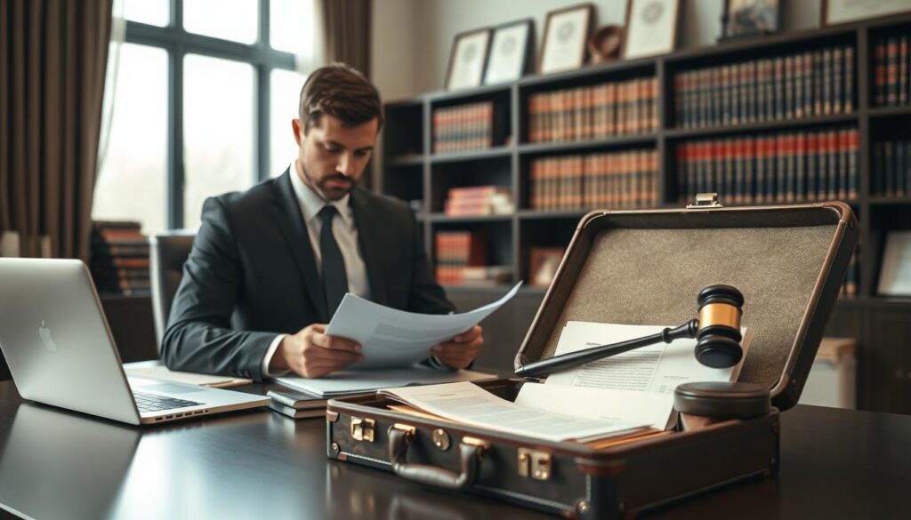 A professional business office environment focused on legal matters, featuring a well-dressed attorney reviewing legal documents. In the foreground, the attorney looks intently at a stack of papers, surrounded by a sleek desk with a laptop and legal books. In the middle ground, an open briefcase rests on the desk, filled with client files and a gavel, symbolizing court claims and legal action. The background showcases a large bookshelf lined with law textbooks and certificates, suggesting a prestigious legal firm. Soft, natural lighting filters through a large window, enhancing the serious yet hopeful mood of the scene. Shot with a Sony A7R IV at 70mm, sharply defined with a polarized filter to bring out the details in the office décor. A professional business office environment focused on legal matters, featuring a well-dressed attorney reviewing legal documents. In the foreground, the attorney looks intently at a stack of papers, surrounded by a sleek desk with a laptop and legal books. In the middle ground, an open briefcase rests on the desk, filled with client files and a gavel, symbolizing court claims and legal action. The background showcases a large bookshelf lined with law textbooks and certificates, suggesting a prestigious legal firm. Soft, natural lighting filters through a large window, enhancing the serious yet hopeful mood of the scene. Shot with a Sony A7R IV at 70mm, sharply defined with a polarized filter to bring out the details in the office décor.
