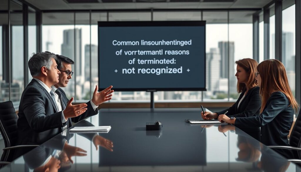 A professional business setting depicting a group of three employees engaged in a serious discussion at a sleek conference table. In the foreground, a middle-aged man in a tailored suit gestures emphatically, while a young woman in business attire takes notes. The atmosphere is tense, reflecting disagreement with facial expressions that suggest deep concern. In the middle ground, a large presentation screen displays arrows pointing to common misunderstandings of termination reasons, emphasizing the theme "not recognized" in bold letters. The background features a modern office environment with glass walls and city views that convey a sense of urgency. Captured with a Sony A7R IV at 70mm, the image is sharply defined, illuminated by soft, natural lighting, enhanced by a polarized filter to enrich colors and clarity. A professional business setting depicting a group of three employees engaged in a serious discussion at a sleek conference table. In the foreground, a middle-aged man in a tailored suit gestures emphatically, while a young woman in business attire takes notes. The atmosphere is tense, reflecting disagreement with facial expressions that suggest deep concern. In the middle ground, a large presentation screen displays arrows pointing to common misunderstandings of termination reasons, emphasizing the theme "not recognized" in bold letters. The background features a modern office environment with glass walls and city views that convey a sense of urgency. Captured with a Sony A7R IV at 70mm, the image is sharply defined, illuminated by soft, natural lighting, enhanced by a polarized filter to enrich colors and clarity.
