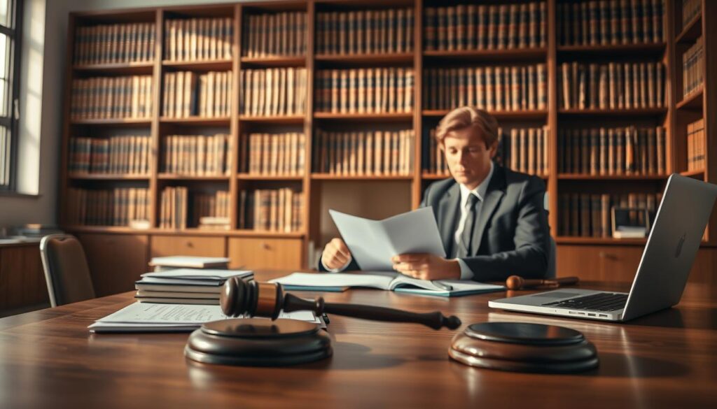 A professional business setting illustrating the legal framework of the probation period termination law in Germany. In the foreground, a neatly arranged wooden desk with legal documents, a gavel, and a laptop. In the middle ground, a focused business professional in business attire reviewing the documents, showcasing a serious and contemplative expression. In the background, a large bookshelf filled with legal books and a window allowing natural light to stream in, casting soft shadows. The atmosphere is serious and informative, emphasizing the importance of understanding legal frameworks. Captured with a Sony A7R IV at 70mm, using a polarized filter for enhanced clarity, with sharp details and rich contrasts. A professional business setting illustrating the legal framework of the probation period termination law in Germany. In the foreground, a neatly arranged wooden desk with legal documents, a gavel, and a laptop. In the middle ground, a focused business professional in business attire reviewing the documents, showcasing a serious and contemplative expression. In the background, a large bookshelf filled with legal books and a window allowing natural light to stream in, casting soft shadows. The atmosphere is serious and informative, emphasizing the importance of understanding legal frameworks. Captured with a Sony A7R IV at 70mm, using a polarized filter for enhanced clarity, with sharp details and rich contrasts.