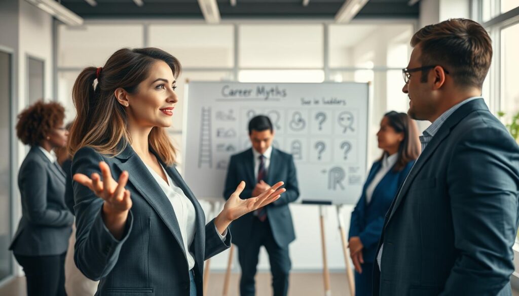 A professional business setting showcasing "Career Myths," focusing on a group of diverse individuals engaged in discussions. In the foreground, a confident woman in a smart suit gestures, conveying an idea, while a man in a business casual outfit listens attentively. In the middle ground, a whiteboard displays common career misconceptions with various icons illustrating pitfalls, such as a ladder, a maze, and question marks. The background features a bright and airy office with large windows, natural light flooding in, creating an optimistic atmosphere. The image is shot on a Sony A7R IV with a 70mm lens, highlighting sharp details and vivid colors, under a polarized filter that enhances clarity and depth. A professional business setting showcasing "Career Myths," focusing on a group of diverse individuals engaged in discussions. In the foreground, a confident woman in a smart suit gestures, conveying an idea, while a man in a business casual outfit listens attentively. In the middle ground, a whiteboard displays common career misconceptions with various icons illustrating pitfalls, such as a ladder, a maze, and question marks. The background features a bright and airy office with large windows, natural light flooding in, creating an optimistic atmosphere. The image is shot on a Sony A7R IV with a 70mm lens, highlighting sharp details and vivid colors, under a polarized filter that enhances clarity and depth.