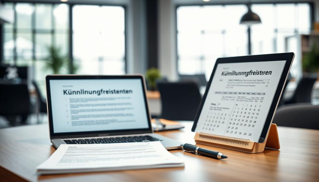 A professional business setting showcasing a well-organized office desk. In the foreground, a clean, open laptop displays a document labeled "Kündigungsfristen" with visible bullet points outlining key information. On the desk, a stylish calendar highlights important dates in a muted color scheme, and a sleek pen lies next to the laptop. In the middle ground, a blurred backdrop of a modern office with large windows letting in natural light creates a bright, focused atmosphere. A subtle plant adds a touch of green to the scene. The lighting is bright and even, enhancing the professional ambiance. Captured with a Sony A7R IV at 70mm, the image is sharply defined and clear, with a polarized filter eliminating glare, conveying a serious and organized mood.