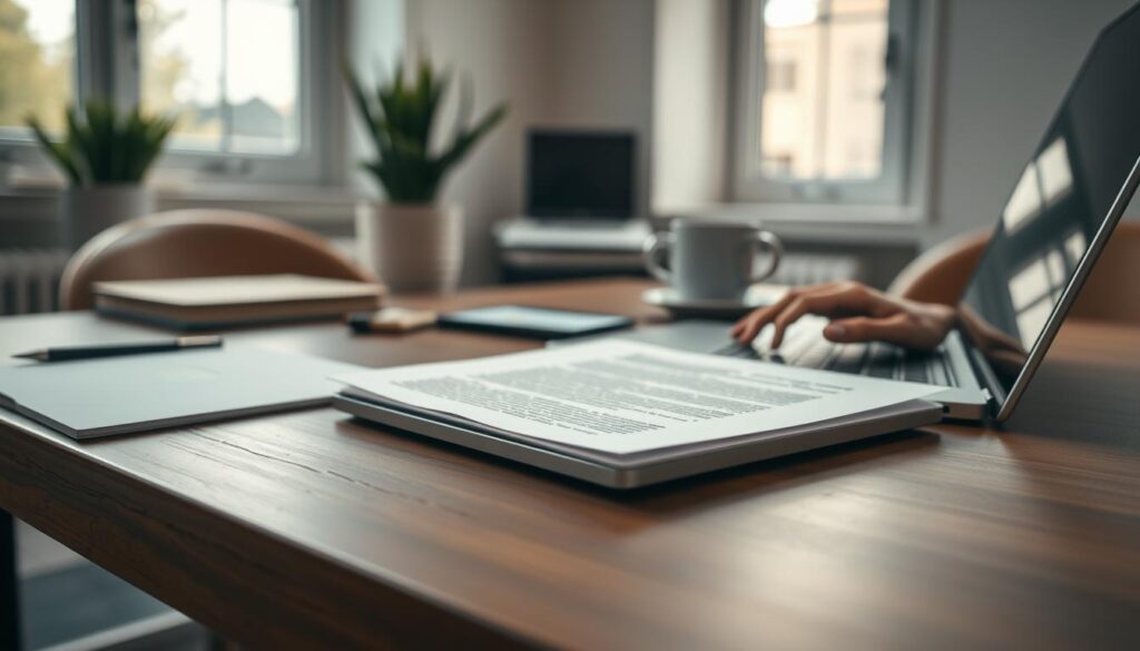 A professional business setting with a desk featuring a clean, organized workspace. In the foreground, a pair of hands is seen typing on a laptop, with a neatly printed cover letter beside it, emphasizing clarity and attention to detail. The middle layer includes soft-focus elements like a potted plant and a cup of coffee for a welcoming atmosphere. The background shows a window with natural light streaming in, creating a warm ambience. The image is shot on a Sony A7R IV at 70mm, with a sharply defined focus on the cover letter. The mood conveys professionalism and motivation, highlighting tips for crafting an effective cover letter in a polished, inviting environment. A professional business setting with a desk featuring a clean, organized workspace. In the foreground, a pair of hands is seen typing on a laptop, with a neatly printed cover letter beside it, emphasizing clarity and attention to detail. The middle layer includes soft-focus elements like a potted plant and a cup of coffee for a welcoming atmosphere. The background shows a window with natural light streaming in, creating a warm ambience. The image is shot on a Sony A7R IV at 70mm, with a sharply defined focus on the cover letter. The mood conveys professionalism and motivation, highlighting tips for crafting an effective cover letter in a polished, inviting environment.