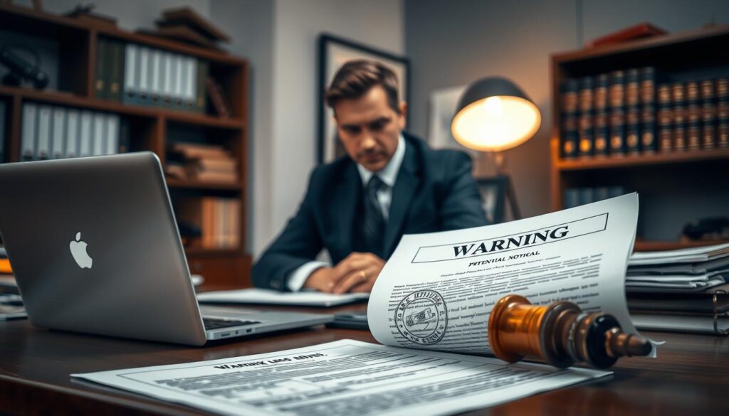 A professional business setting with a serious atmosphere, featuring a well-dressed employee sitting at a desk cluttered with legal documents and a laptop. The foreground shows detailed paperwork marked with an official stamp, clearly indicating a warning notice for potential dismissal. In the middle ground, the employee, a focused individual in a smart suit, is scrutinizing the documents with a thoughtful expression. The background includes shelves lined with legal books and a soft desk lamp casting warm light, enhancing the serious mood. Shot with a Sony A7R IV at 70mm, ensuring sharp focus and clear definition, amplified by a polarized filter, creating a professional and engaging image that reflects the relevance of warnings in employment termination. A professional business setting with a serious atmosphere, featuring a well-dressed employee sitting at a desk cluttered with legal documents and a laptop. The foreground shows detailed paperwork marked with an official stamp, clearly indicating a warning notice for potential dismissal. In the middle ground, the employee, a focused individual in a smart suit, is scrutinizing the documents with a thoughtful expression. The background includes shelves lined with legal books and a soft desk lamp casting warm light, enhancing the serious mood. Shot with a Sony A7R IV at 70mm, ensuring sharp focus and clear definition, amplified by a polarized filter, creating a professional and engaging image that reflects the relevance of warnings in employment termination.