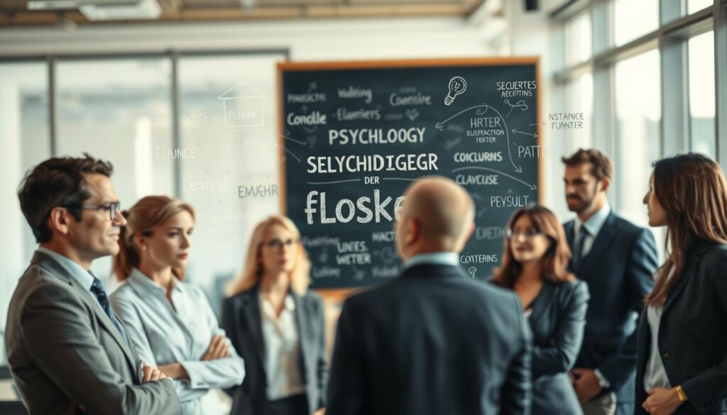 A professional business settings with an abstract visual representation of "Psychologie der Floskeln." In the foreground, a diverse group of business professionals dressed in smart business attire engage in focused discussions, their expressions ranging from thoughtful to intrigued. In the middle ground, a blurred chalkboard is filled with keywords and phrases associated with clichés and psychology, illustrated with flowing lines connecting ideas. The background showcases a modern office environment with large windows, letting in soft, natural light that creates a vibrant and inspiring atmosphere. The image is shot on a Sony A7R IV at 70mm, clearly focused and sharply defined, using a polarized filter to enhance colors and reduce glare, creating a professional and engaging visual narrative. A professional business settings with an abstract visual representation of "Psychologie der Floskeln." In the foreground, a diverse group of business professionals dressed in smart business attire engage in focused discussions, their expressions ranging from thoughtful to intrigued. In the middle ground, a blurred chalkboard is filled with keywords and phrases associated with clichés and psychology, illustrated with flowing lines connecting ideas. The background showcases a modern office environment with large windows, letting in soft, natural light that creates a vibrant and inspiring atmosphere. The image is shot on a Sony A7R IV at 70mm, clearly focused and sharply defined, using a polarized filter to enhance colors and reduce glare, creating a professional and engaging visual narrative.