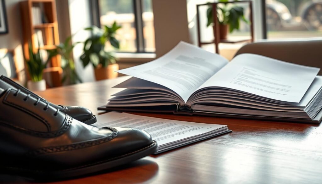 A professional desk scene featuring neatly organized application documents, including a resume, cover letter, and references, all laid out on a polished wood surface. In the foreground, a pair of elegant, well-worn leather shoes are partially visible, suggesting readiness and professionalism. In the middle, a stylish, open binder showcases the documents, illuminated by soft, natural light streaming in from a window. The background includes a faint blur of a modern office space with plants and a bookshelf, creating a warm, inviting atmosphere. The image should convey a sense of seriousness and focus, captured with a Sony A7R IV at 70mm, ensuring fine details are sharply defined. A polarized filter enhances the lighting and richness of colors, emphasizing the professionalism of the scene.